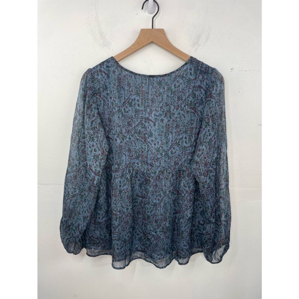 Lucky Brand Teal Blue Paisley V-Neck Long Sleeve Blouse peasant boho size Large - Picture 12 of 16